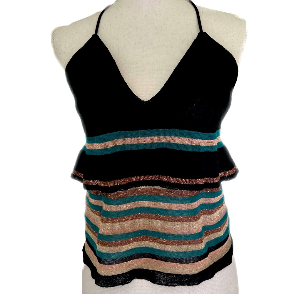 NWT ottod'Ame Knit Halter Top Black, Teal, Tan, Gold, Ruffle Made in Italy 8/M